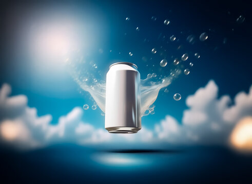 A silver and white can is suspended mid-air, encircled by water splashes and bubbles.  A bright blue sky with soft clouds and sunlight creates a serene backdrop.