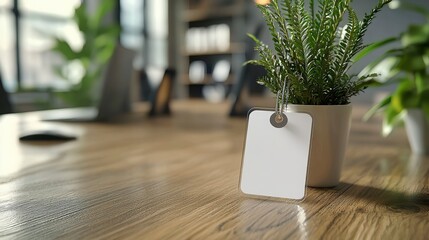 Minimalist Workspace with Indoor Plant and Blank Tag on Table