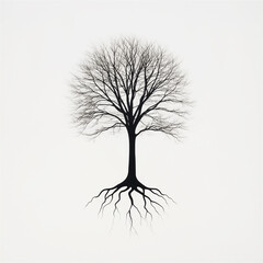 Minimalist black and white tree illustration with visible intricate roots, representing nature, growth, and connection to the earth. © Vasili