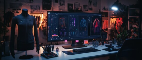 Creative workspace featuring 3D black mannequin and fashion design software in lit dark room