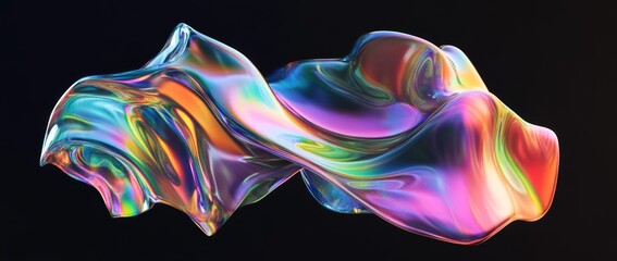 Obraz premium Fluid abstract shape in vibrant holographic colors creates a captivating visual on a black background