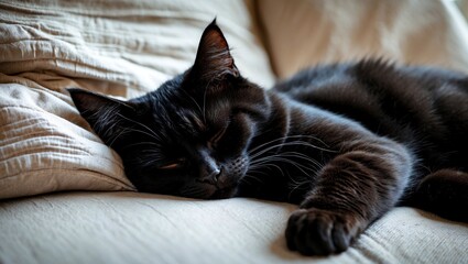 Obraz premium A serene black cat resting in cozy comfort