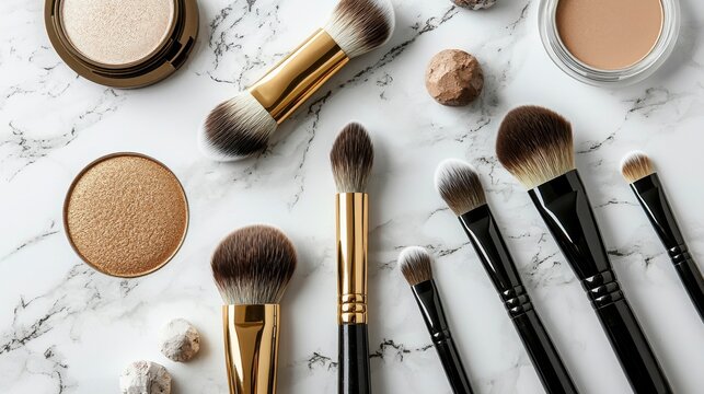 Elegant Arrangement of Cosmetic Brushes and Makeup Products on Marble