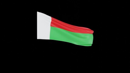 Madagascar flag waving in the wind with a black background. Realistic Malagasy flag featuring white, red, and green sections.