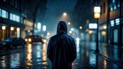 A solitary figure awaits on a rainy urban street