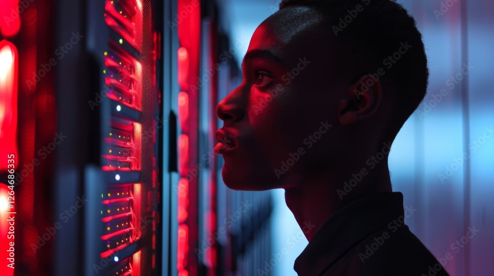 Poster A young individual observes server racks that glow with red lights inside a data center in the evening. The environment emphasizes the high tech atmosphere and modernity.