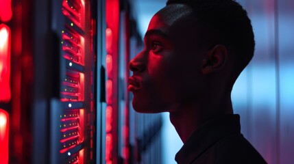A young individual observes server racks that glow with red lights inside a data center in the evening. The environment emphasizes the high tech atmosphere and modernity.