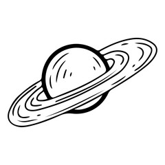Gas giant planet Jupiter with rings. Hand drawn doodle. Celestial body. Space object. Astronomical observations. Universe, galaxy. Decorative element. Vector line art illustration.