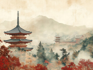 Obraz premium Interesting drawing. Traditional Japanese landscape, with lots of Japanese symbols. On the old, vintage background. Generative Ai