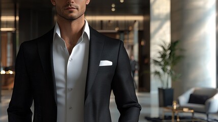 A sharply dressed man in a black suit, unbuttoned white shirt, and pocket square stands in a modern interior, personifying elegance and sophisticated style.