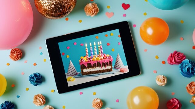 A digital tablet showing an e-card design with birthday-themed illustrations.