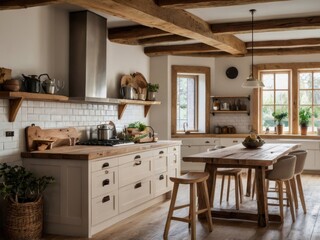 Fototapeta premium A bright farmhouse style kitchen features rustic beams and wooden accents