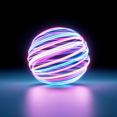 A glowing neon sphere with swirling light trails floating in darkness. The vibrant colors and abstract design evoke futuristic technology and digital aesthetics.