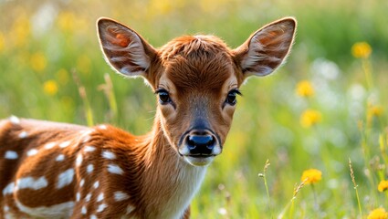 Adorable fawn calf gazing in sunny meadow
