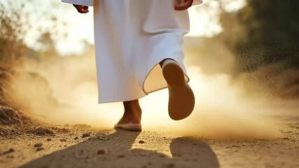 Close-Up of a Pilgrim's Feet Walking on a Dusty Trail