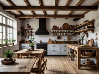 Country style kitchen featuring wooden beams and open shelving
