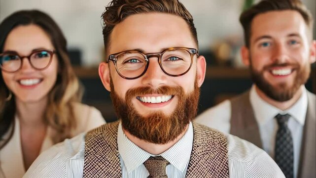 A smiling group of three people, two men and one woman, dressed in professional attire, sitting at a desk or workspace.