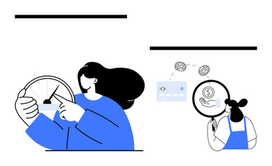 Woman interacts with a dashboard gauge, pointing at data. Another figure examines a card and currency through a magnifying glass. Ideal for finance, budgeting, analysis, data review, monitoring