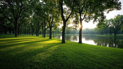Obraz premium Green Park With Lush Grass Trees And Lake At Sunrise