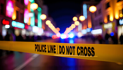 Blurred city street with yellow police barrier tape reading "Do Not Cross." Crime scene at night. Suitable for illustrating crime reports
