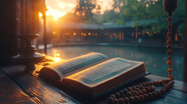 Reading the Quran at Dawn: A peaceful scene of a person reading the Quran with prayer beads beside them, illuminated by soft morning sunlight filtering through a window. 
