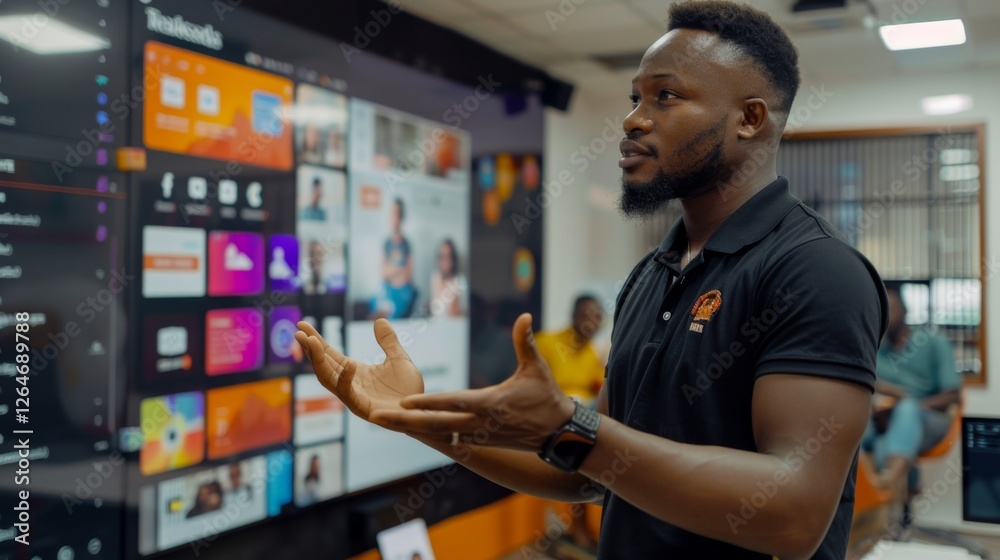 Poster A young man presents confidently to an audience, gesturing towards a large digital screen displaying various colorful applications and content in a contemporary office setting.