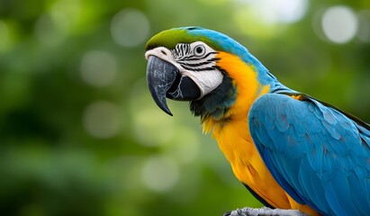 Obraz premium Blue-gold macaw portrait, jungle bokeh, wildlife, nature, conservation