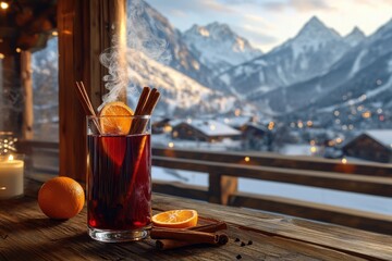 Warm mulled wine with cinnamon sticks and orange slice in glass on wooden table with picturesque...