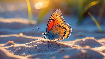 Obraz premium Beautiful butterfly resting on sunlit sandy ground