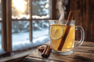 A glass mug with hot winter drink: lemon tea and cinnamon sticks on a rustic wooden table, cozy...