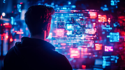 Fototapeta premium A man wears digital glasses and gazes at a holographic display. Futuristic technology and innovation. Generative AI.