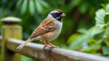 Beautiful sparrow resting on wooden rail in greenery
