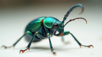 Blue-Green Weevil with Long Snout on White Surface