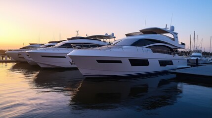 Fototapeta premium row of luxury yachts and boats docked at the marina, during sunset