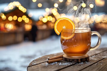 A steaming mug of mulled wine, adorned with a fresh orange slice, sits on a rustic wooden table at...