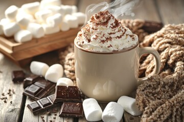 A steaming mug of hot chocolate topped with whipped cream and cocoa powder, surrounded by...