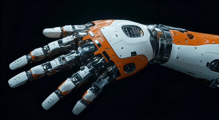 robotic hand, in an orange and white color scheme, with a futuristic style, on an isolated background