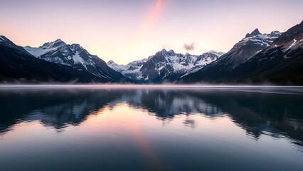 Serene Mountain Lake at Sunrise: Mist Rising Over Calm Waters – Breathtaking Nature Scene for Relaxation and Inspiration