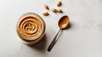 Fototapeta premium Peanut butter in glass jar and spoon isolated on white background, top view, copy space. American dessert concept
