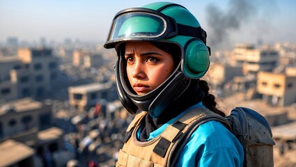 Brave girl in protective gear stands resolute amidst unrest