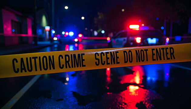 Crime scene at night with police lights flashing behind yellow barrier tape reading "Caution Crime Scene Do Not Enter." Suitable for illustrating crime reports