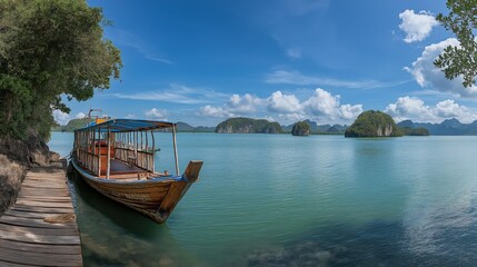 Fototapeta premium long-tail boat docked at the pier surrounded by clear blue water