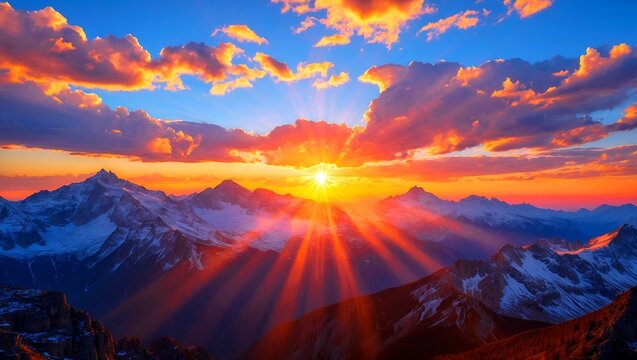Breathtaking sunset over majestic mountains and vibrant clouds