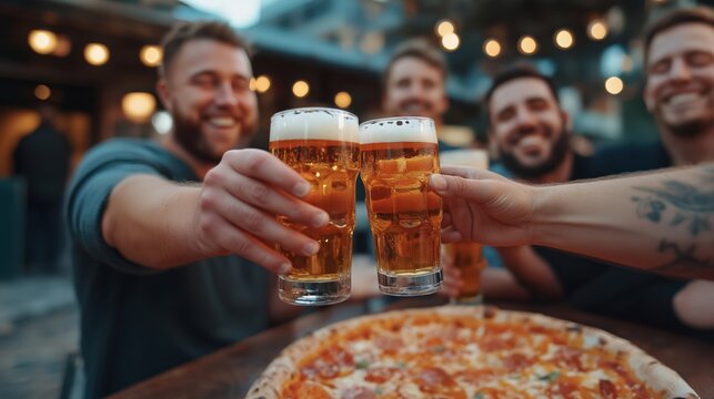 group of friends toasting with pints of beer at an outdoor bar
