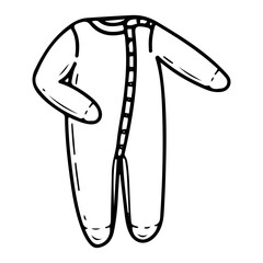Baby jumpsuit with buttons. Hand drawn doodle. Newborn clothes. Little child wardrobe. Childhood. Vector line art illustration.