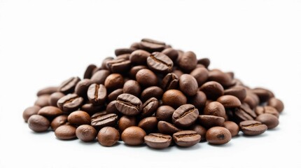 Naklejka premium Close-up of a Pile of Brown Coffee Beans on a White Background