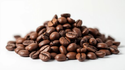 Obraz premium Close-Up of a Pile of Brown Coffee Beans on a White Background