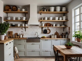 Bright kitchen with open shelves displaying dishes and kitchenware