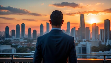 Fototapeta premium Businessman in suit gazing at sunset over city skyline