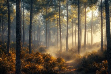 Obraz premium Enchanting sunrise in the forest, sunlight filtering through the misty trees, illuminating the golden undergrowth and creating a magical, serene woodland scene.